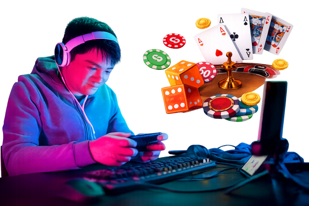 Gamer immersed in casino-themed game